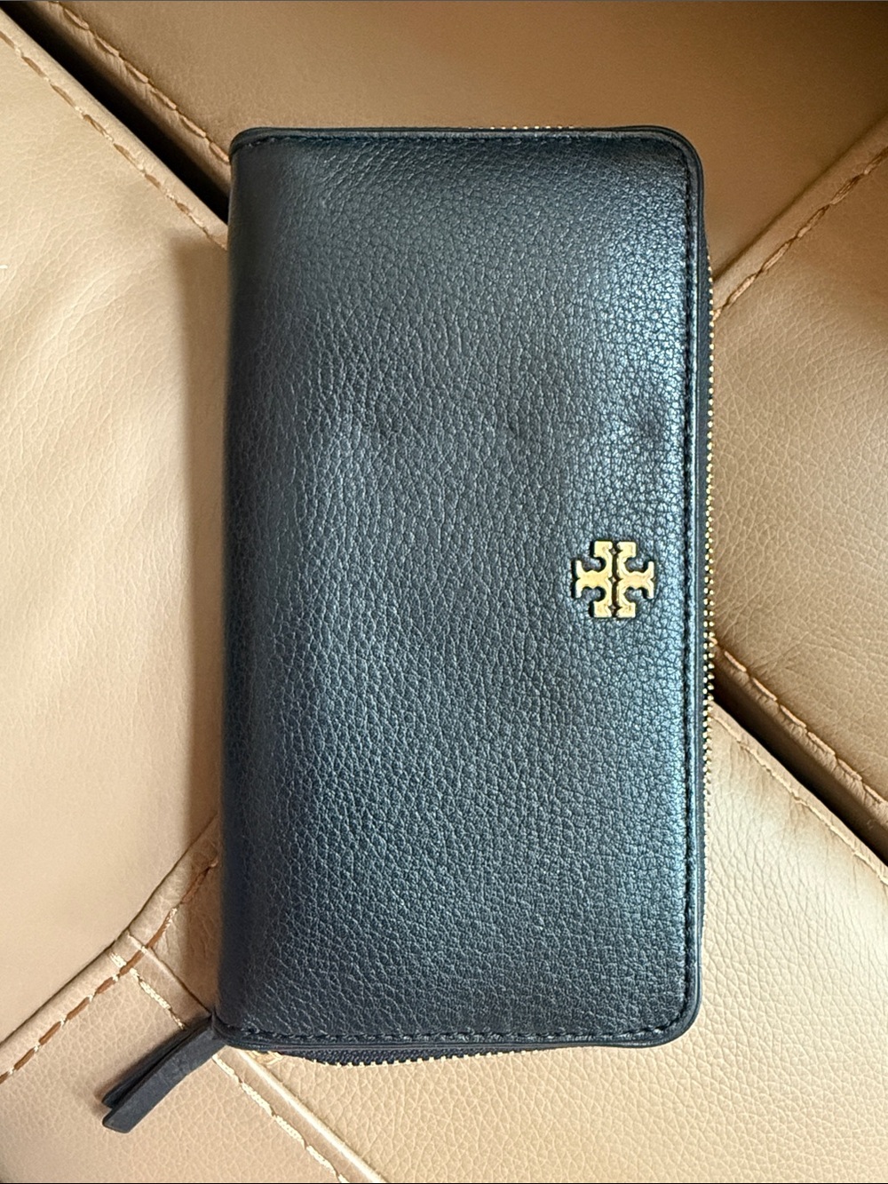 Tory Burch Black Leather Zip-Around Wallet with Gold Logo